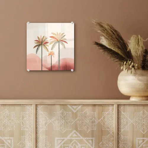 Palmbomen - Heuvels - Minimalistisch - Zachtroze plexiglas 5mm klein -sfeer5