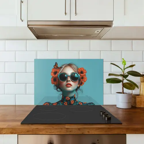 Vrouw - Blauw - Vlinder - Bloemen - Aesthetic keuken achterwand spatscherm klein -sfeer2