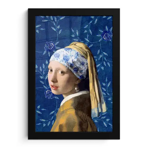 Meisje met de parel - Delfts blauw - Vermeer - Bloemen - Schilderij - Oude meesters fotolijst zwart zonder passe partout klein -3d