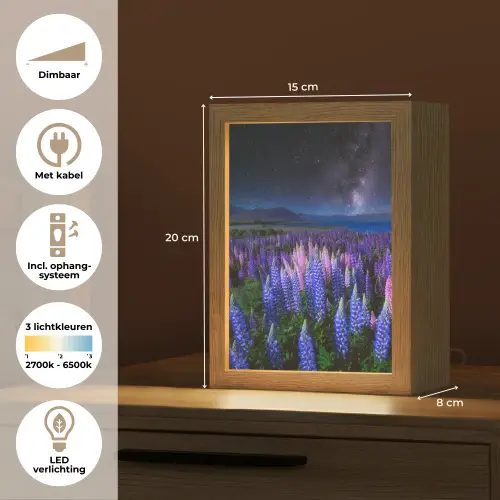 Bloemen - Nacht - Lupine - Sterrenhemel - Paars - Natuur Light Box met kabel (Tafellamp) klein -USP_NL