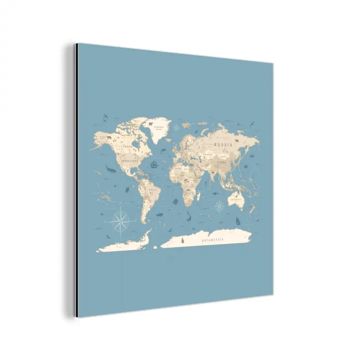 Wereldkaart - Oceaan - Realistisch - Blauw aluminium wit klein -3d