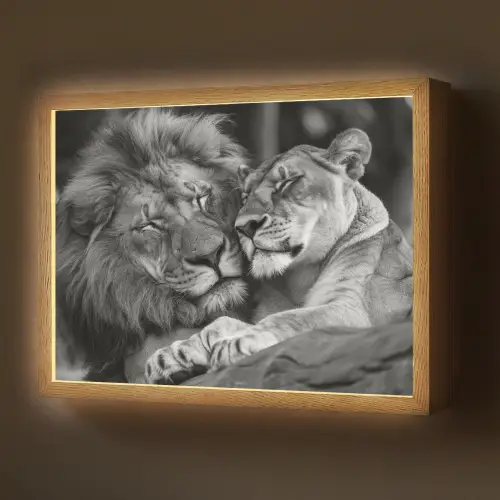 Leeuwen - Dieren - Zwart - Wit - Leeuw Light Box met batterij (Wandlamp) middel -z3d_website
