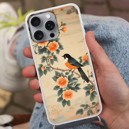 Vogel - Tak - Bloemen - Oranje Hoesje iPhone 16 Pro Max met koord klein -sfeer3
