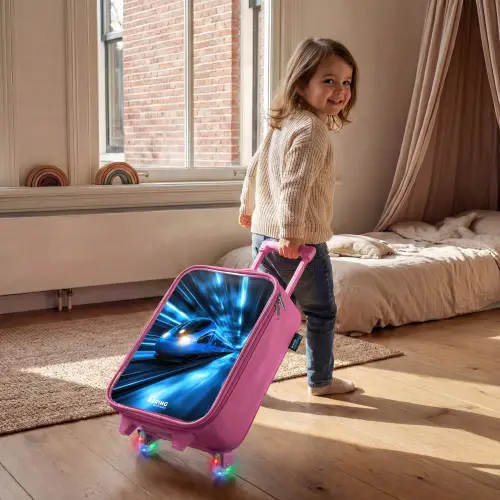 Supersnelle trein in neonblauwe tunnel Kinderkoffer - Roze klein -sfeer1