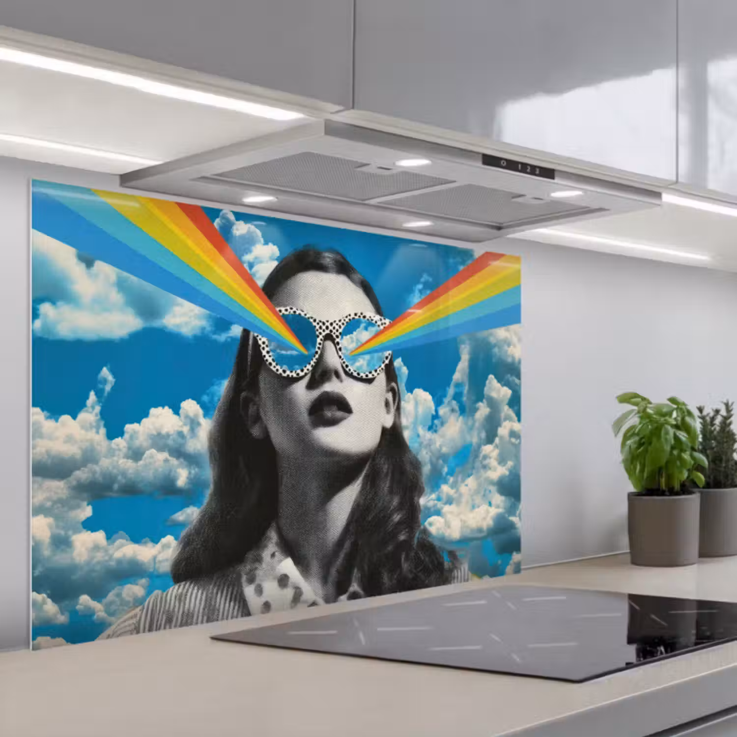 Spatscherm keuken - Vrouw - Bril - Regenboog - Wolken