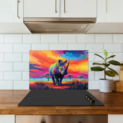 Neushoorn - Zonsondergang - Savanna - Kleurrijk keuken achterwand spatscherm klein -sfeer2