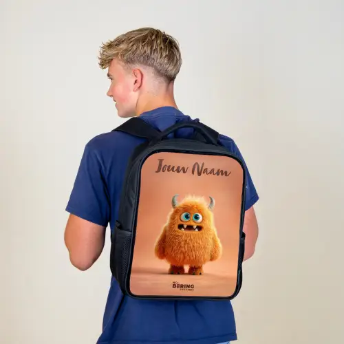 Oranje Pluizig Monster met Hoorns Rugzak - Zwart middel -sfeer8