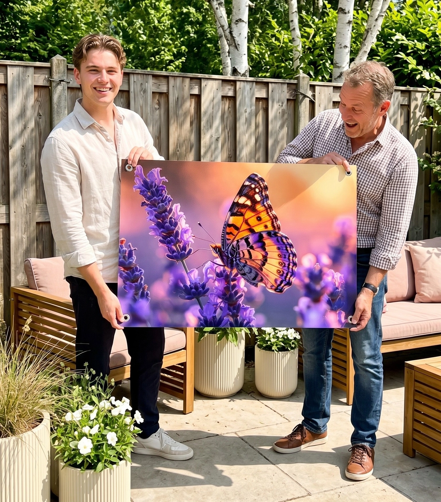 vader en zoon met tuinposter