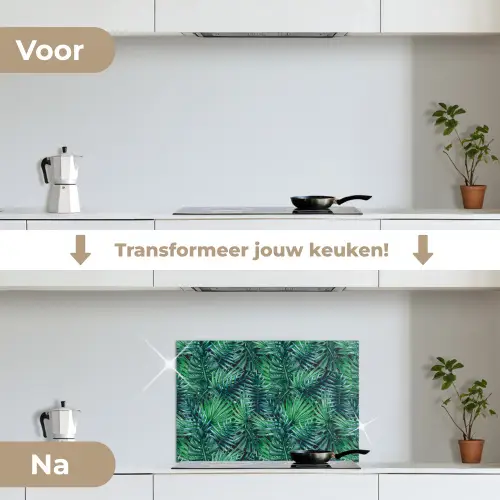 Blauw - Palmbladeren - Afsnijding keuken achterwand spatscherm klein 900 -voor_na_NL