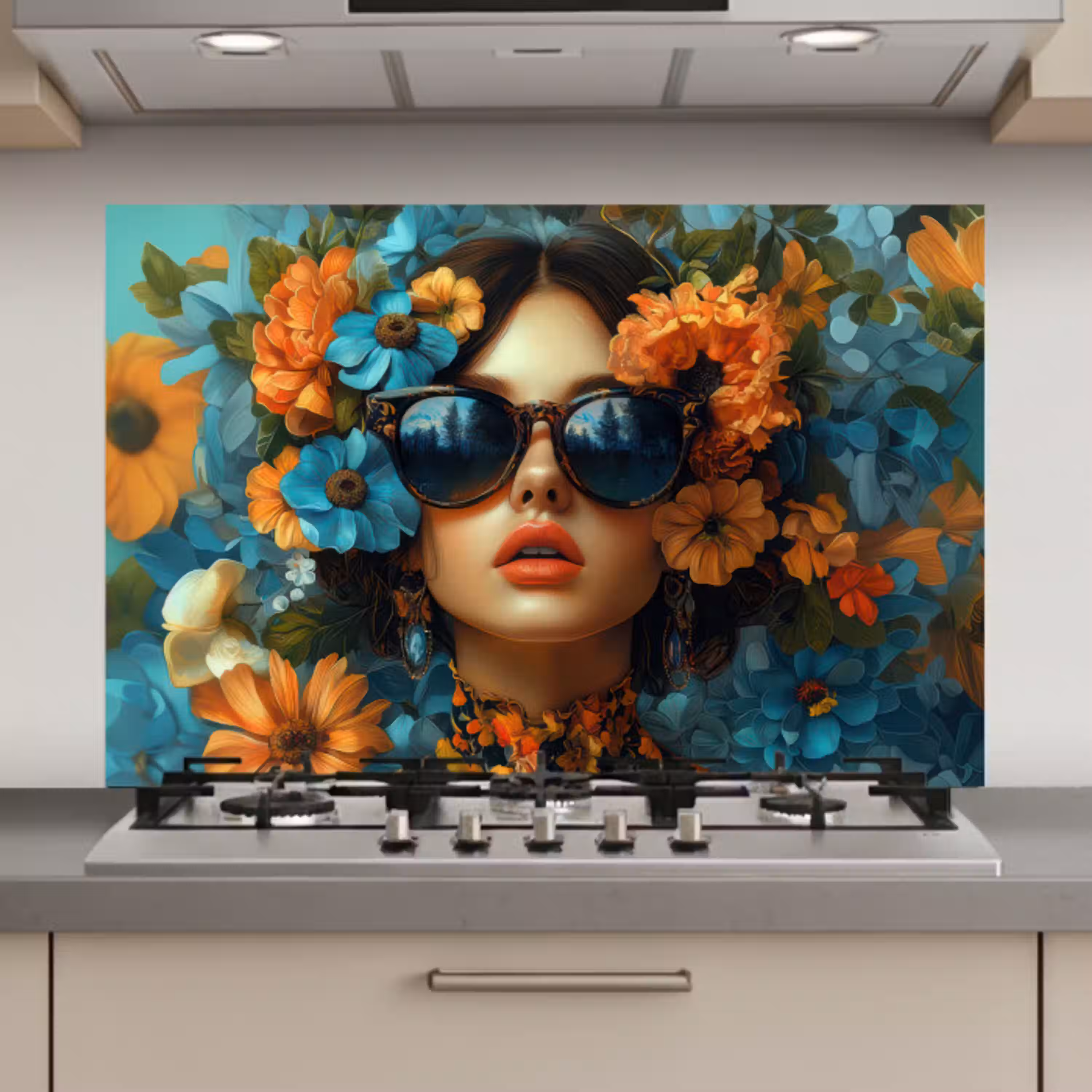Vrouw - Bloemen - Oranje - Blauw - Modern keuken achterwand spatscherm klein -3d_website