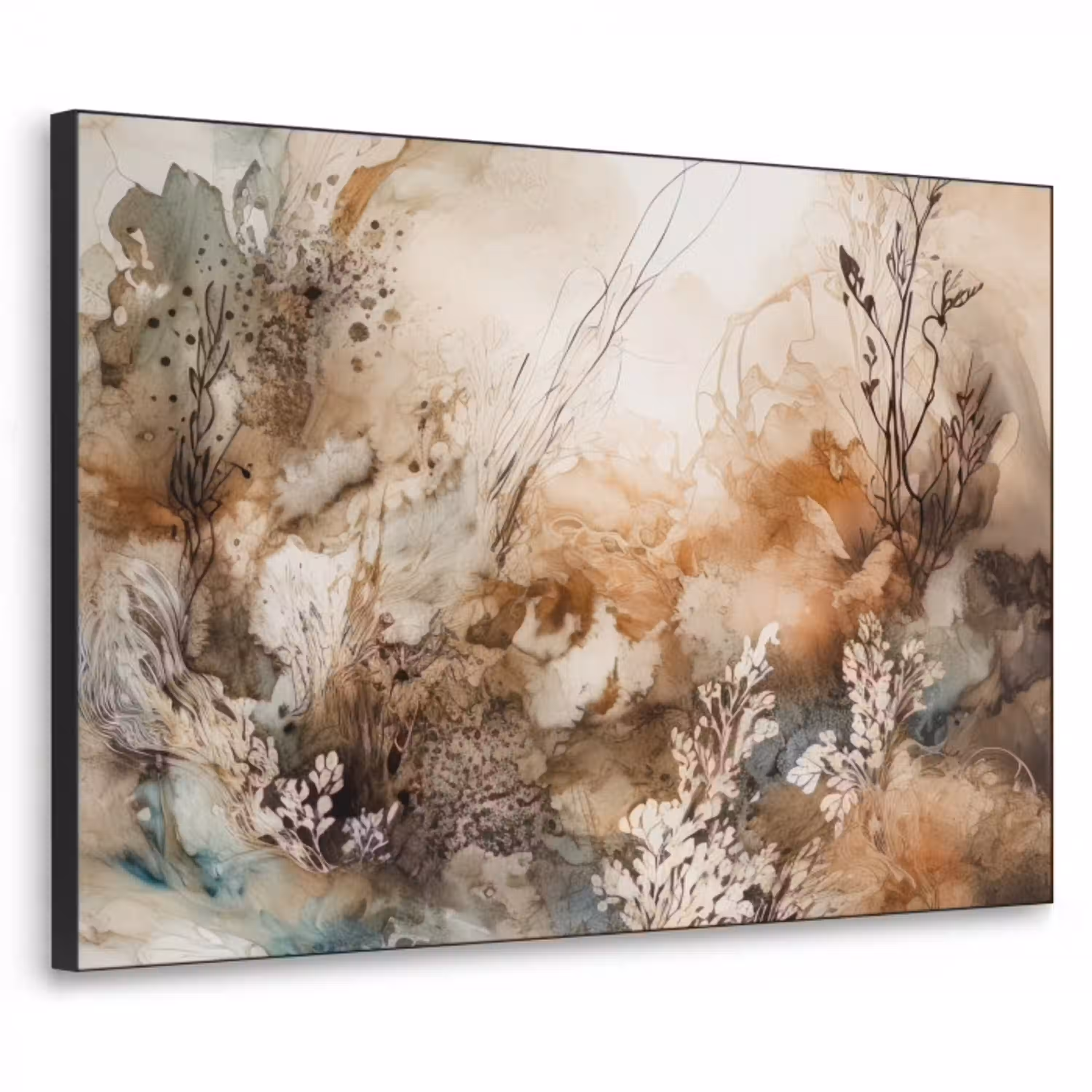 Abstract - Beige - Verf - Kunst - Natuur - Bloemen Textielframe zwart klein -3d