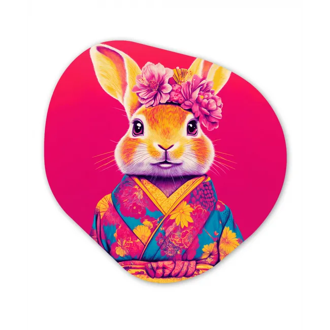 Konijn - Bloemen - Kleurrijk - Kimono Wandcirkel Organisch Forex 3mm klein -3d