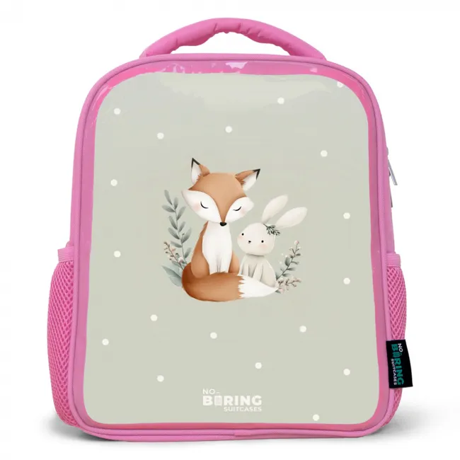 Kids' Backpacks Pink -. Fox and rabbit surrounded by green leaves and dots