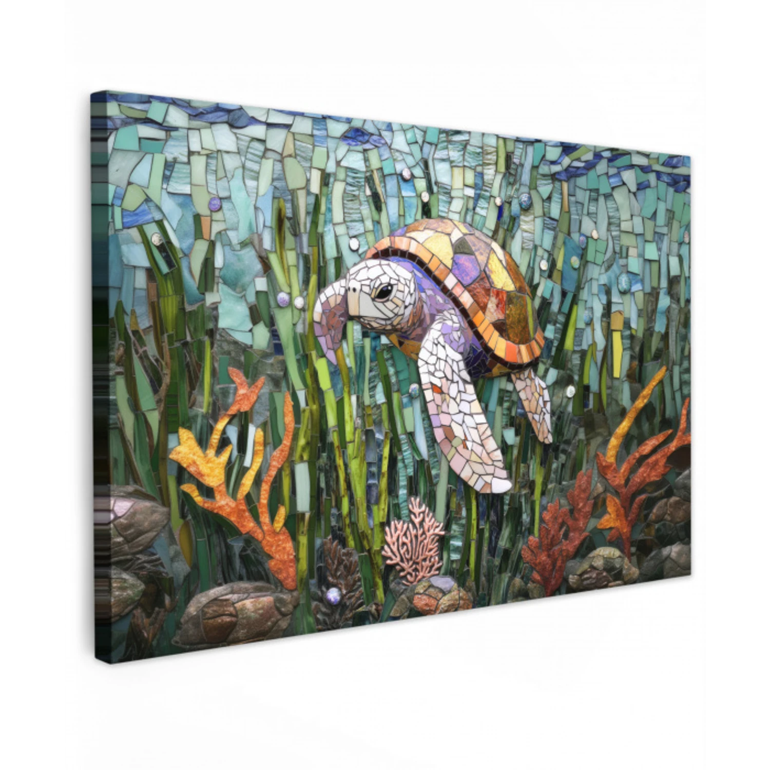 Schildpad - Zeewier - Mozaïek Tuinposter op houten frame 2 cm dik klein -3d