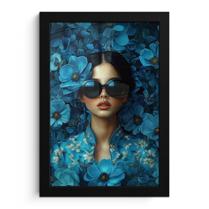 Vrouw - Bloemen - Blauw - Aesthetic - Luxe fotolijst zwart zonder passe partout klein -3d