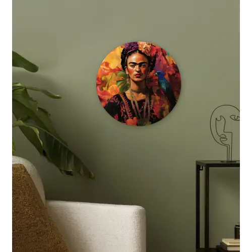 Vrouw - Bloemen - Papegaai - Schilderachtig Wandcirkel kunststof plaat 5mm dik klein -sfeer3