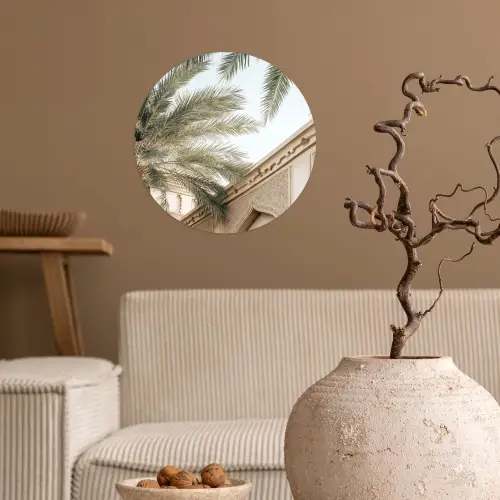 Gebouw - Palmbomen - Beige - Zon Wandcirkel behangsticker klein -sfeer1