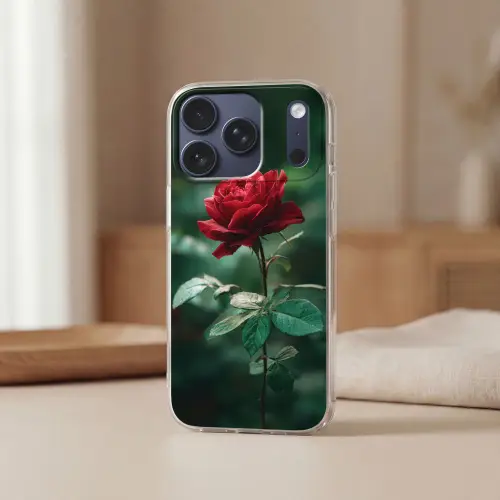 Roos - Bladeren - Dieprood Telefoonhoesje iPhone 17 Pro klein -sfeer2