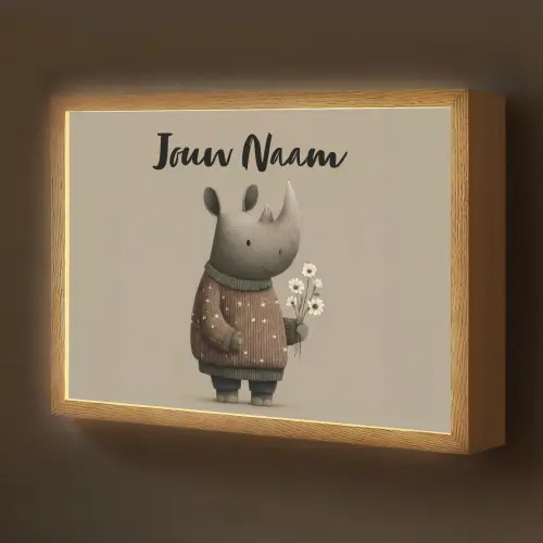 Neushoorn - Witte bloemen - Lief Light Box met batterij (Wandlamp kind) middel -z3d_website