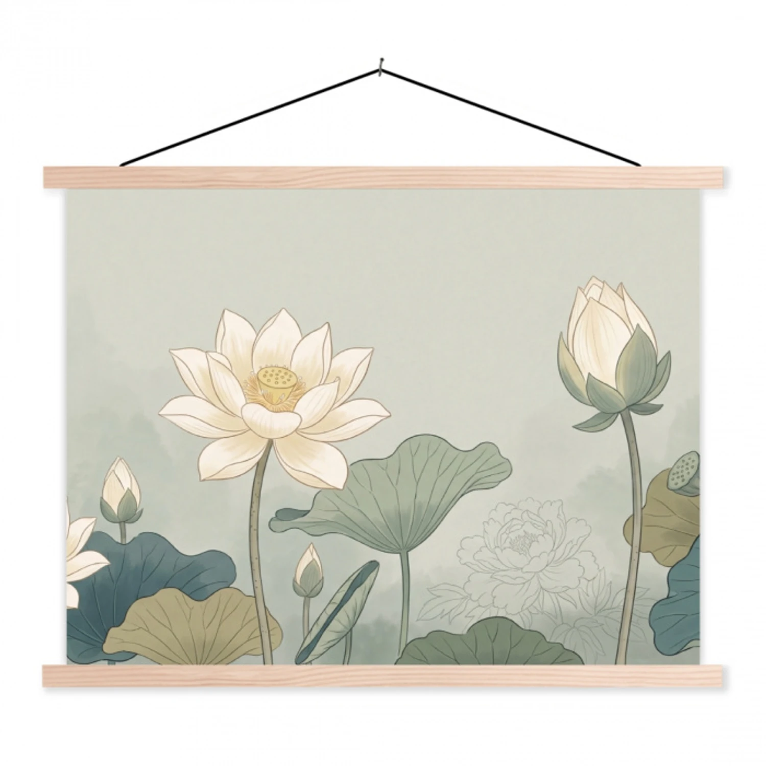Lotus - Bloemen - Groen textielposter latten blank klein -3d