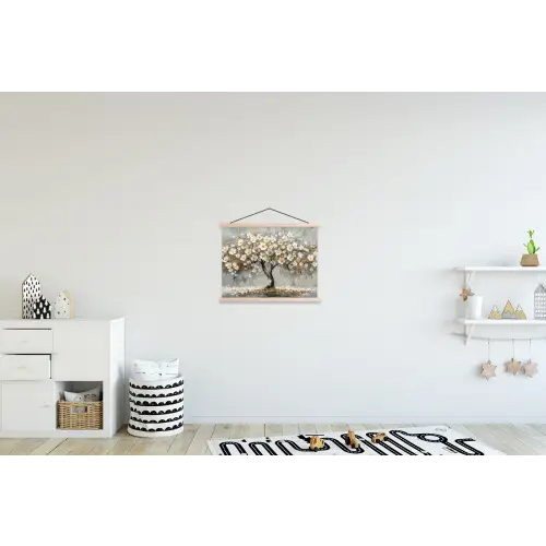 Boom - Bloemen - Wit - Natuur - Kunst textielposter latten blank klein -kinderkamer