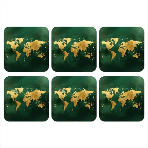 Wereldkaart - Groen - Goud onderzetter kurk middel -3d