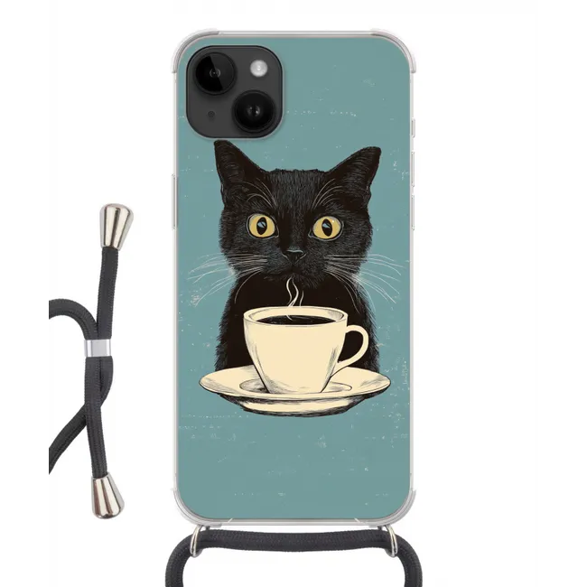 Handyhülle mit Band - Katze - Schwarz - Kaffee - Minimalistisch