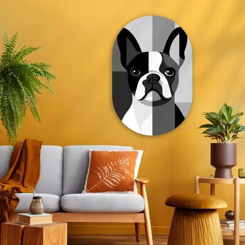 Buldog - Zwart - Abstract - Vlakken Wandcirkel Ovaal Glas middel -sfeer4