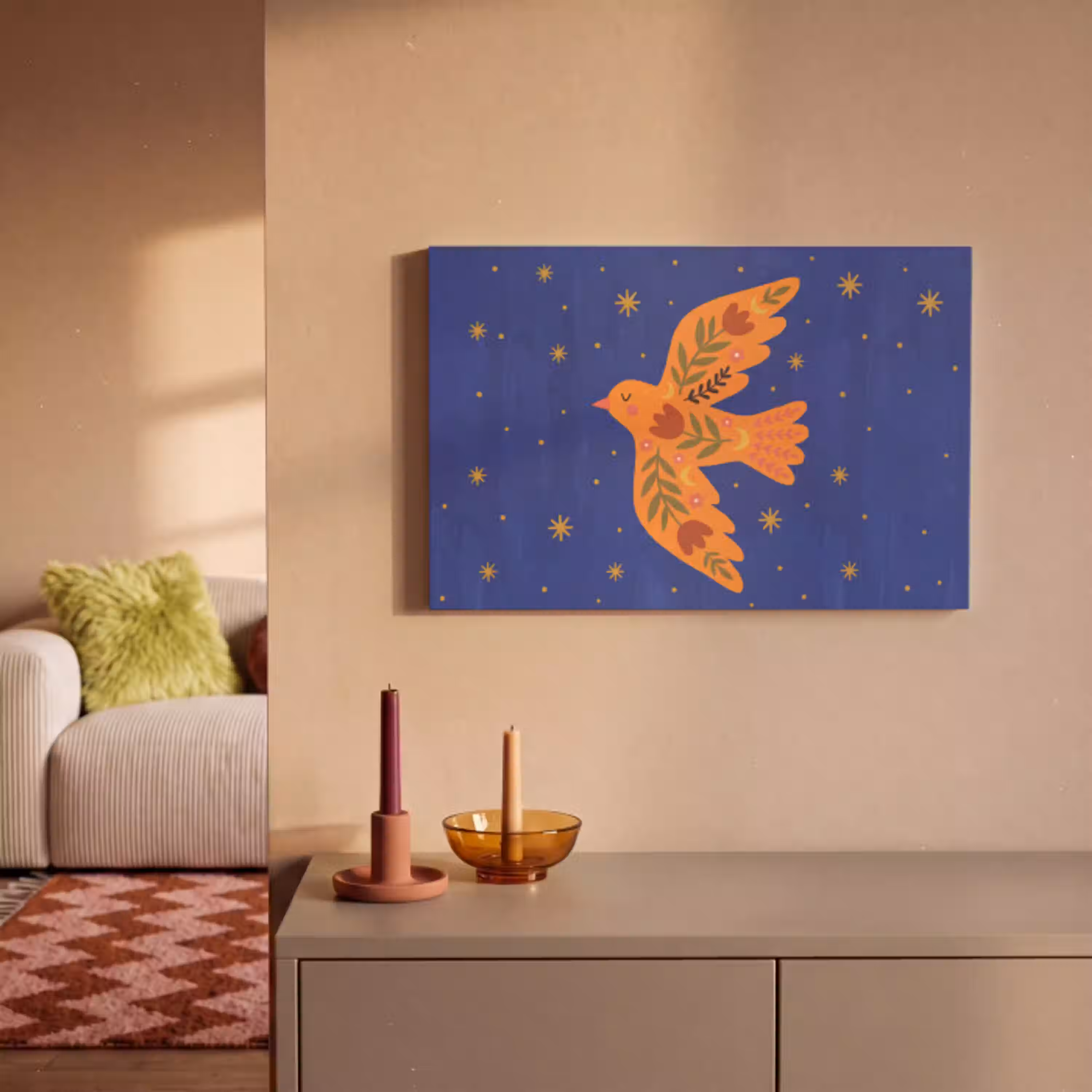 Vogel - Bloemen - Decoratief - Oranje - Blauw canvas 2cm klein -sfeer1