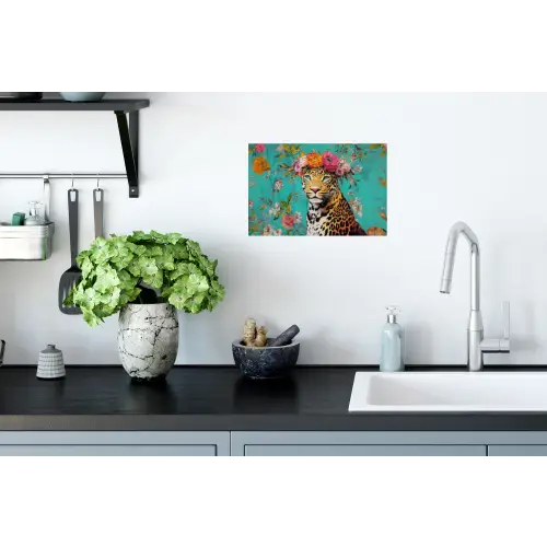 Luipaard - Bloemen - Kroon Muursticker klein -keuken