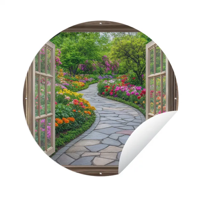 Doorkijk - Bloemen - Tuinpad - Natuur - Raam Wandcirkel tuinposter met ringen klein -3d