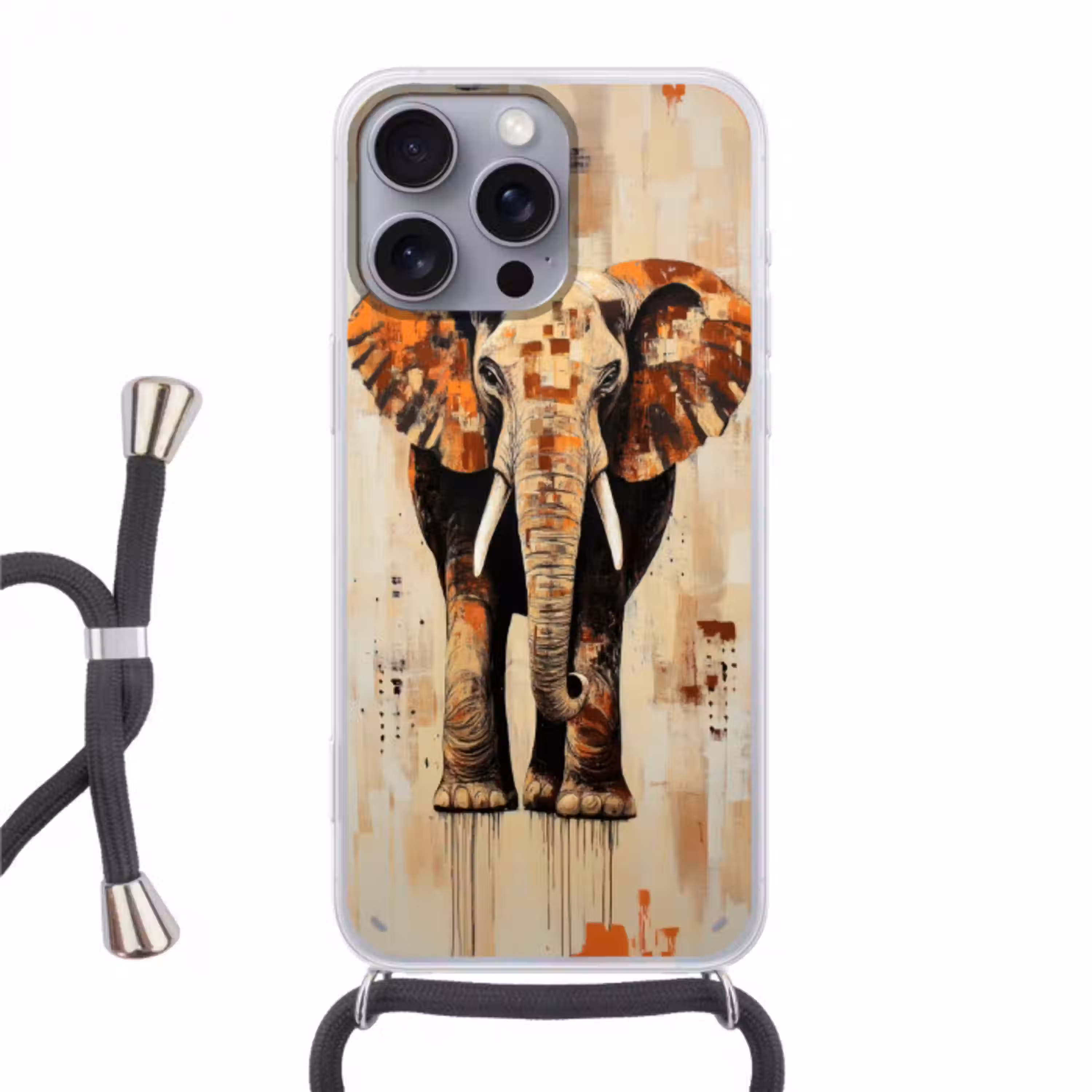 Olifant - Slurf - Mozaïek - Abstract Hoesje iPhone 16 Pro Max met koord klein -3d