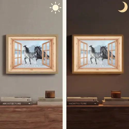 Doorkijk - Paarden - Winter - Dieren - Natuur - Hout Light Box met batterij (Wandlamp) middel -sfeer3