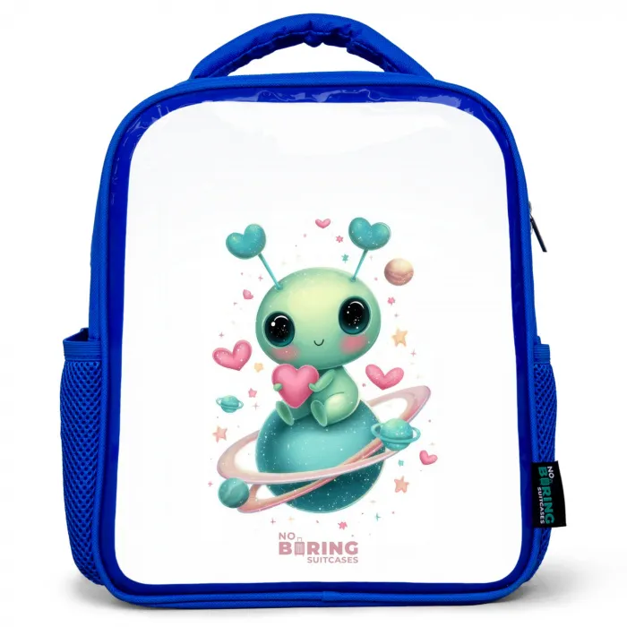 Lief buitenaards wezentje met hartje Kinderrugzak - Blauw middel -3d