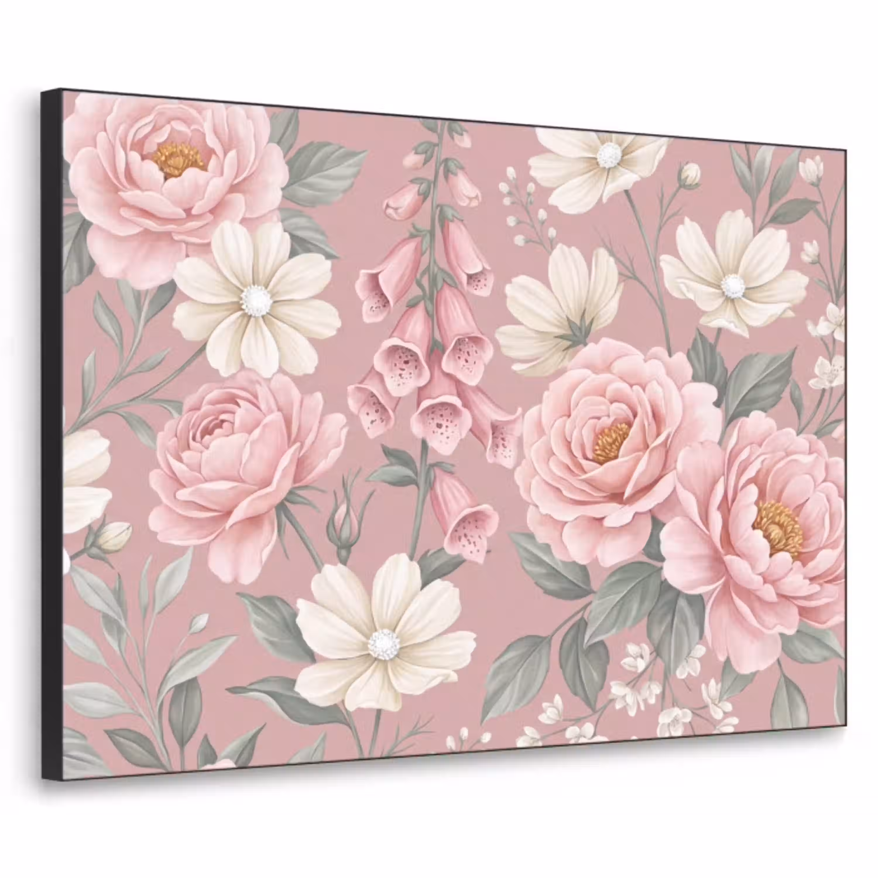 Pioenrozen - Vingerhoedskruid - Pink Textielframe zwart klein -3d