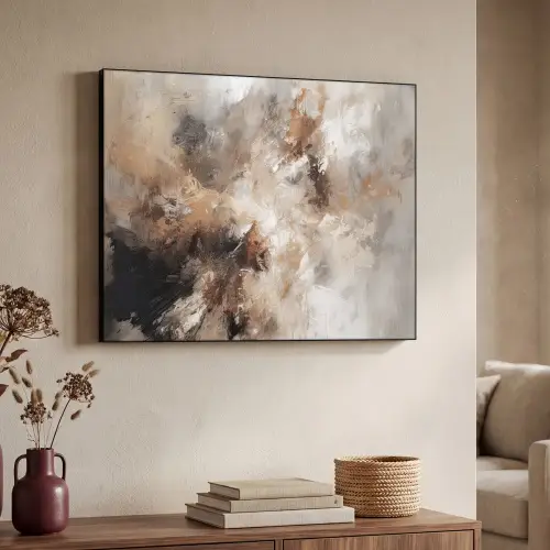 Verf - Abstract - Beige - Kunst Textielframe zwart klein -sfeer3