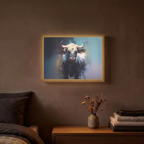 Stier - Zwart - Abstract - Horens Light Box met batterij (Wandlamp) middel -sfeer4