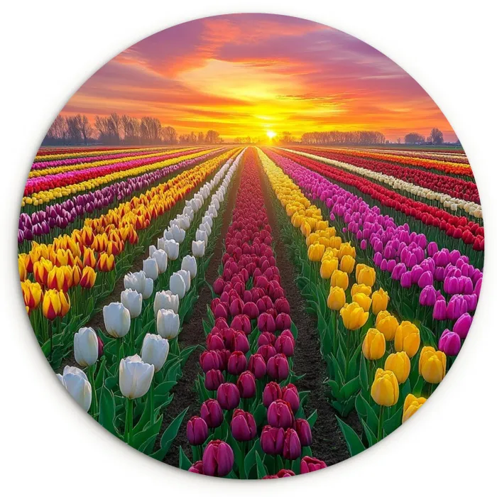 Tulpenveld - Zonsondergang - Kleurrijk Wandcirkel kunststof plaat 5mm dik klein -3d