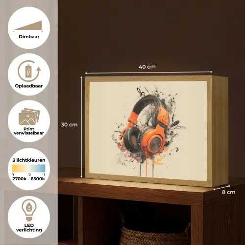 Koptelefoon - Oranje - Explosief Light Box met batterij (Wandlamp) middel -USP_websiteoverzichtNL