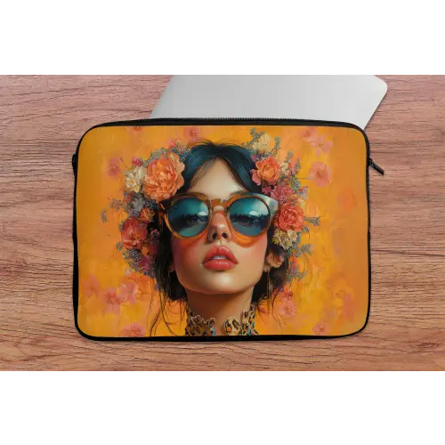 Vrouw - Bloemen - Aesthetic - Oranje laptophoes neopreen klein -tafel