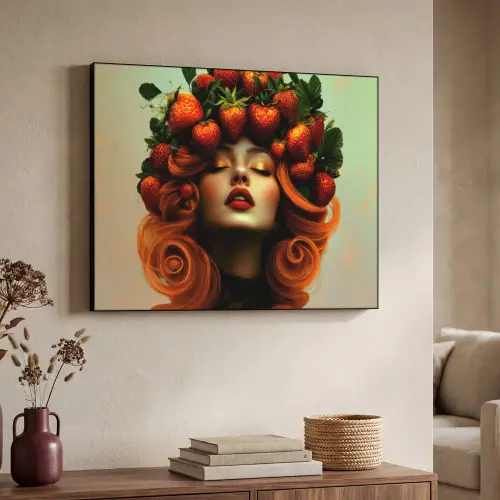 Vrouw - Aardbeien - Kroon Textielframe zwart klein -sfeer3