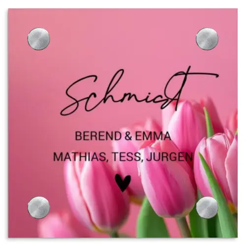 Roze tulpen - Sierlijk Naambord Vierkant klein -3d