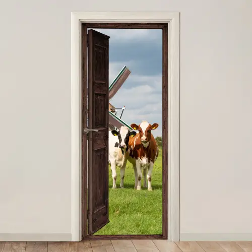Doorkijk - Koeien - Dieren - Weiland - Natuur deurposter klein -3d_beige