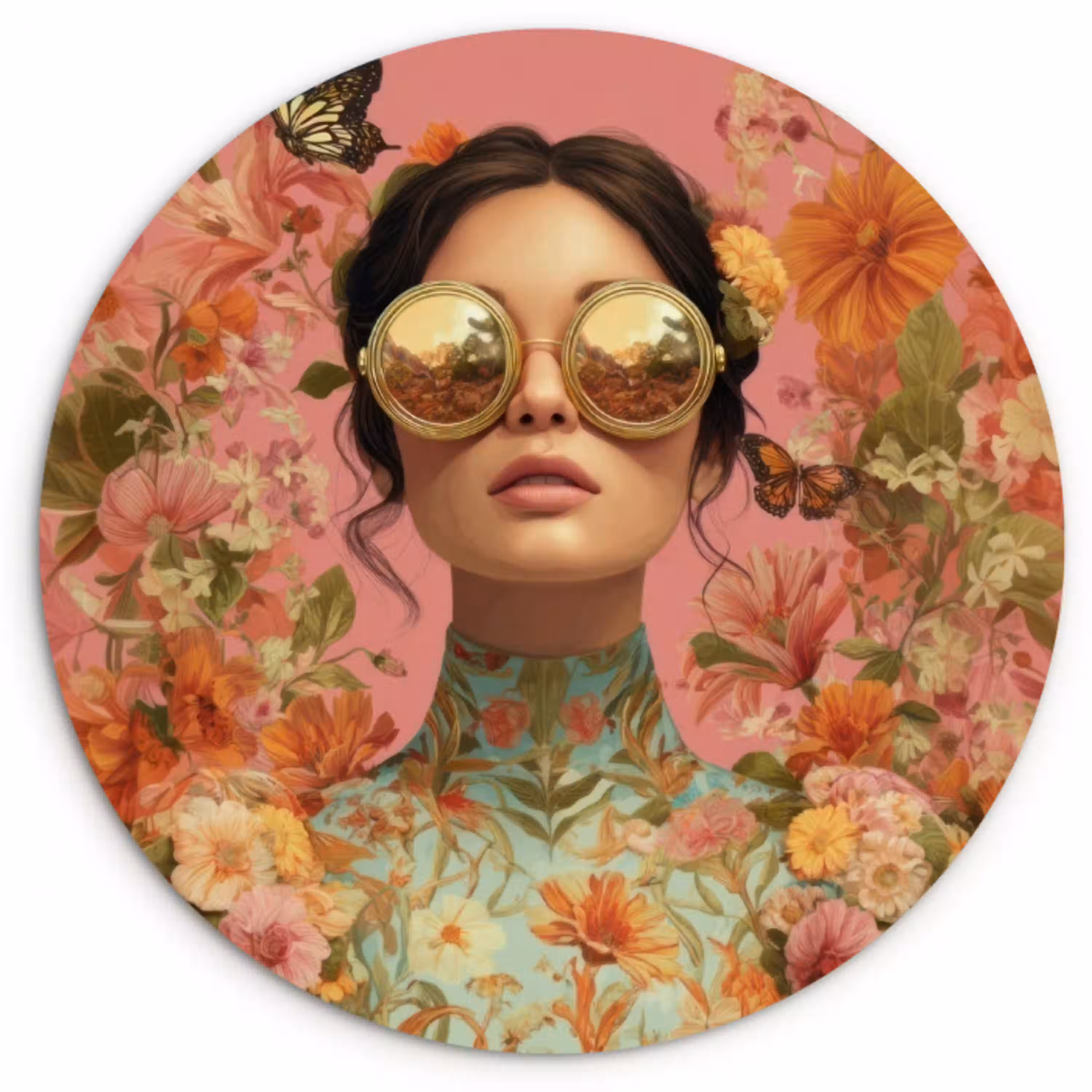 Vrouw - Bril - Roze - Bloemen Wandcirkel kunststof plaat 5mm dik klein -3d