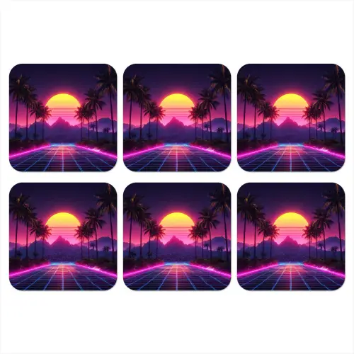 Horizon - Palmbomen - Bergen - Geel onderzetter kurk middel -3d