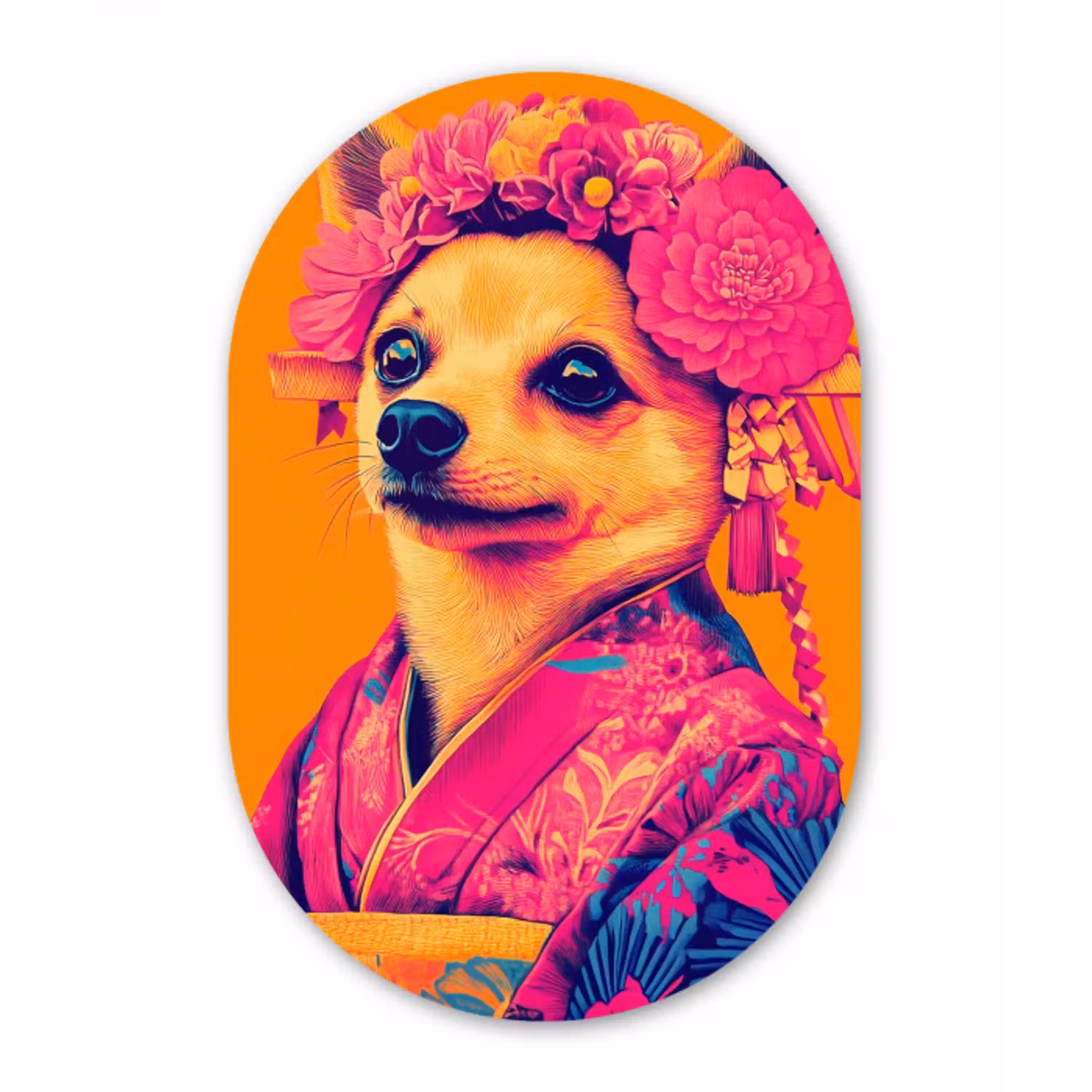 Kimono - Hondje - Bloemenkroon - Oranje Wandcirkel Ovaal Aluminium middel -3d