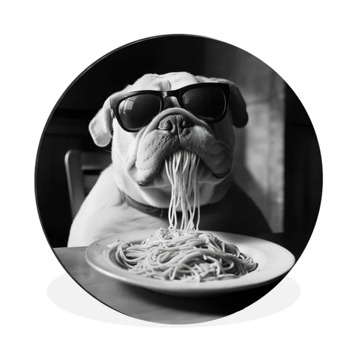 Hond - Bulldog - Pasta - Bril - Stoer - Dieren Wandcirkel aluminium klein -3d