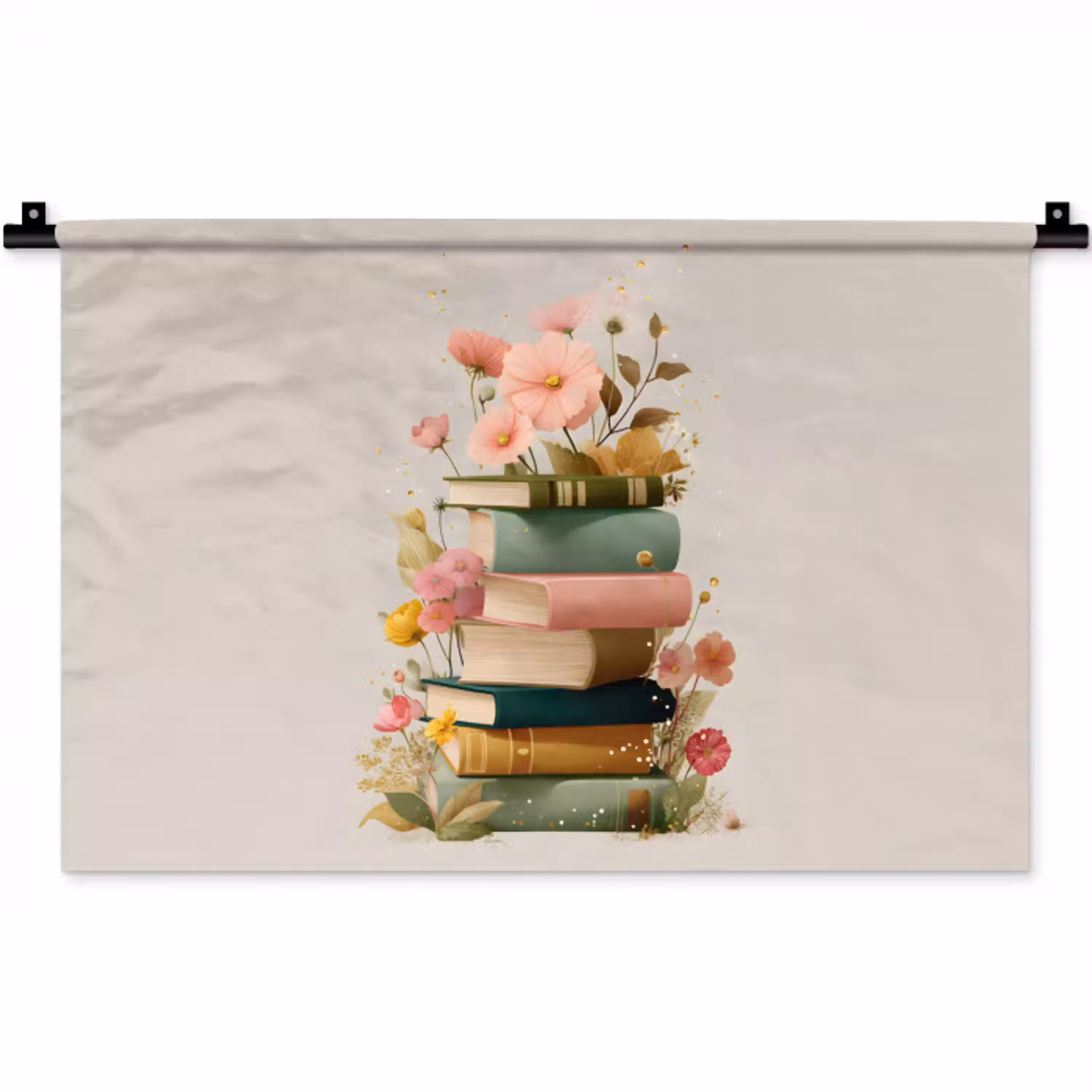 Boeken - Stapel - Bloemen - Kleurrijk Wandkleed katoen klein -zz3d