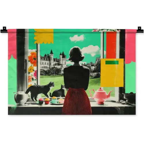 Vrouw - Keuken - Katten - Doorkijk Wandkleed katoen klein -zz3d