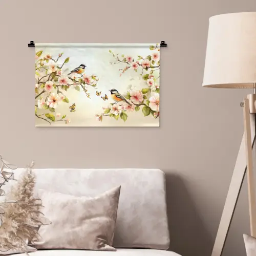 Takken - Bloemen - Vogeltjes - Roze Wandkleed katoen klein -sfeer4